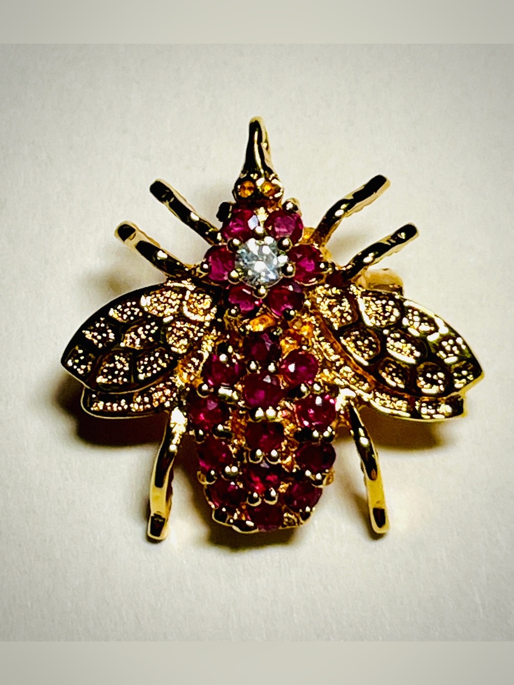 14KGE Whimsical Bee Brooch | Ruby Lab Made Gems & Brilliant Focal Crystal Center